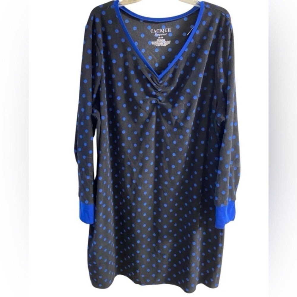Cacique Black and Blue Polka Dot night shirt fleece 26/28 NWT